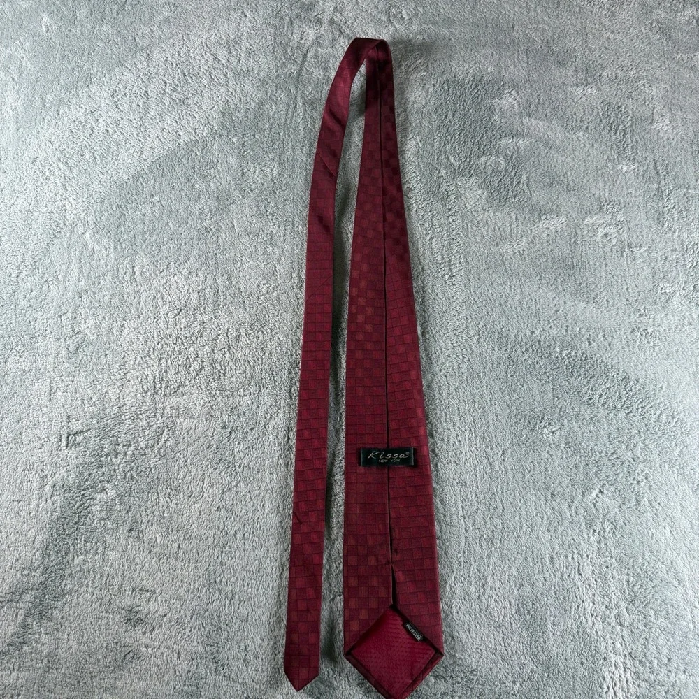 Kissa New York‎ Mens Tie Burgundy Red Checkered Woven Jacquard Polyester Formal